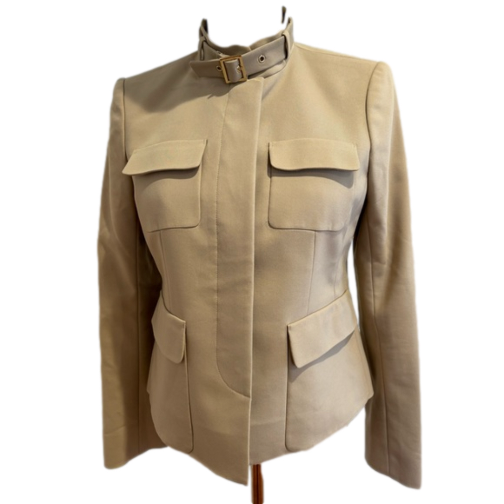 SAFARI STYLE CROPPED JACKET W A MANDARIN COLLAR & 4 FLAP POCKETS EUC 6P - Picture 1 of 9